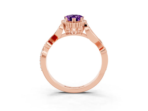 Rose gold Pear Cut Amethyst Halo Ring with Vintage Split Shank and Four-Prong Setting_3