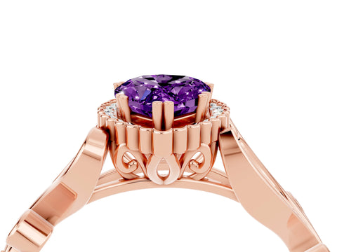 Rose gold Pear Cut Amethyst Halo Ring with Vintage Split Shank and Four-Prong Setting_4