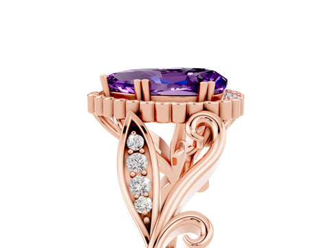 Rose gold Pear Cut Amethyst Halo Ring with Vintage Split Shank and Four-Prong Setting_5