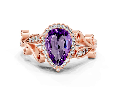 Rose gold Pear Cut Amethyst Halo Ring with Vintage Split Shank and Four-Prong Setting