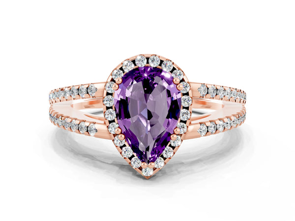 Rose gold Pear Cut Amethyst Halo Split Shank Engagement Ring