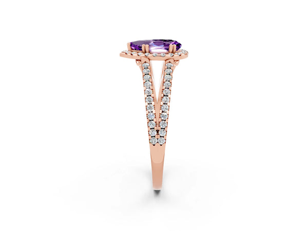 Rose gold Pear Cut Amethyst Halo Split Shank Engagement Ring