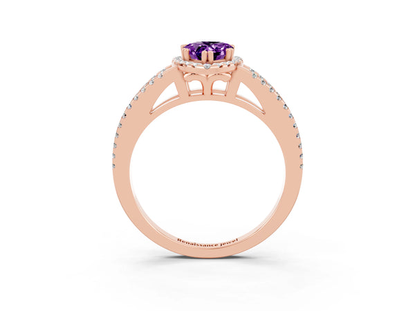 Rose gold Pear Cut Amethyst Halo Split Shank Engagement Ring