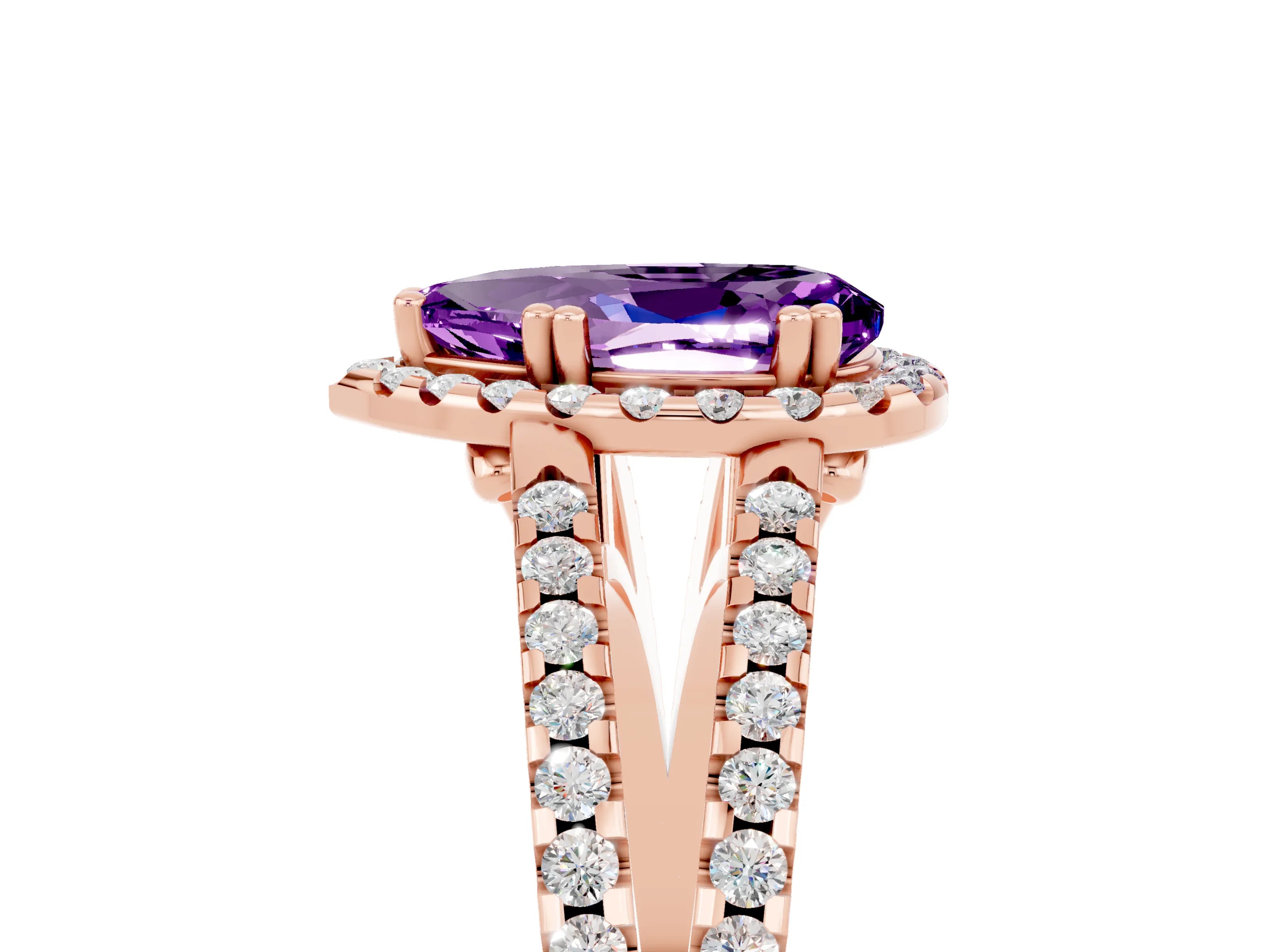 Rose gold Pear Cut Amethyst Halo Split Shank Engagement Ring_17