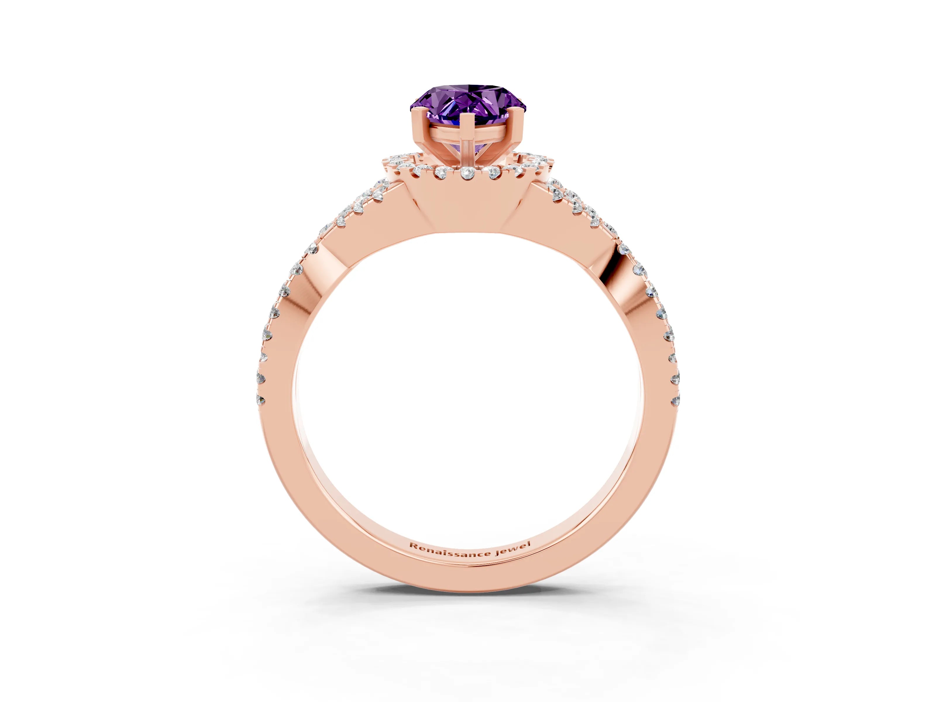 Rose gold Pear Cut Amethyst Halo Twist Band Solitaire Prong Setting Ring_3