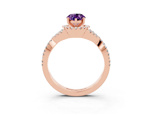 Rose gold Pear Cut Amethyst  Halo Twist Band Solitaire Prong Setting Ring