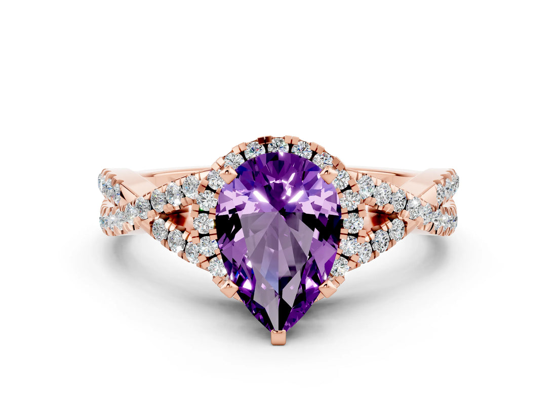 Rose gold Pear Cut Amethyst  Halo Twist Band Solitaire Prong Setting Ring_36