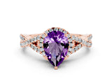 Rose gold Pear Cut Amethyst  Halo Twist Band Solitaire Prong Setting Ring_36