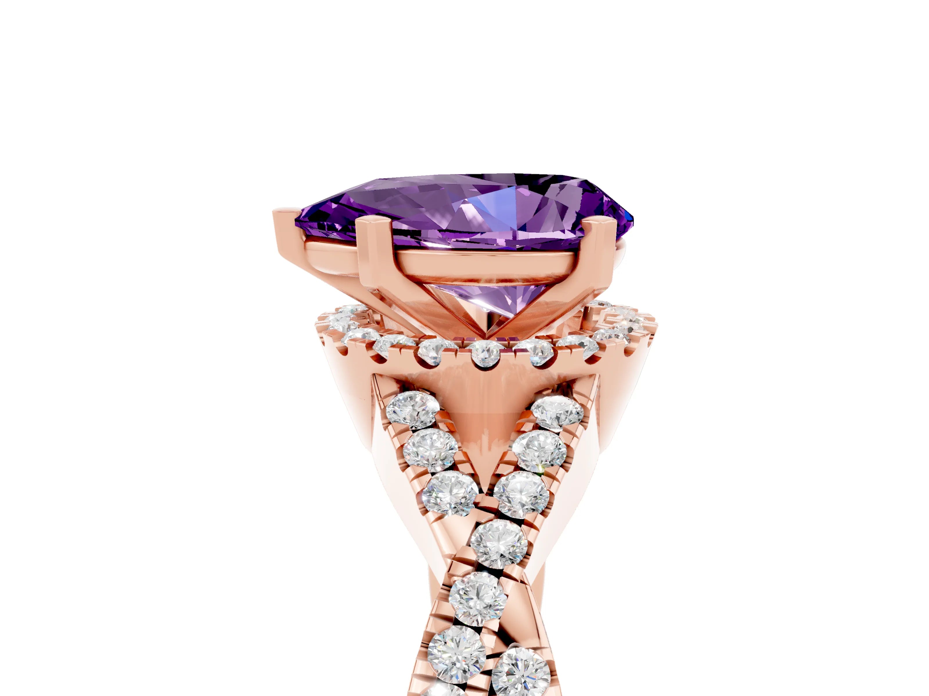 Rose gold Pear Cut Amethyst Halo Twist Band Solitaire Prong Setting Ring_5