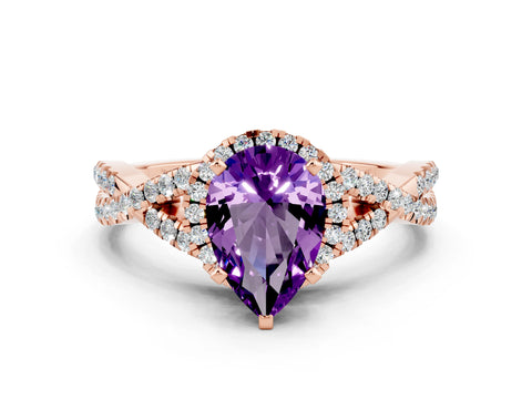 Rose gold Pear Cut Amethyst Halo Twist Band Solitaire Prong Setting Ring
