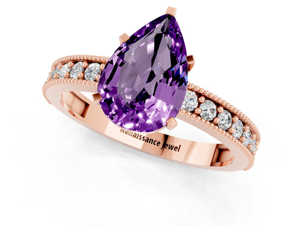 Rose gold Pear Cut Amethyst Milgrain Pavé Engagement Ring with Four-Prong Setting