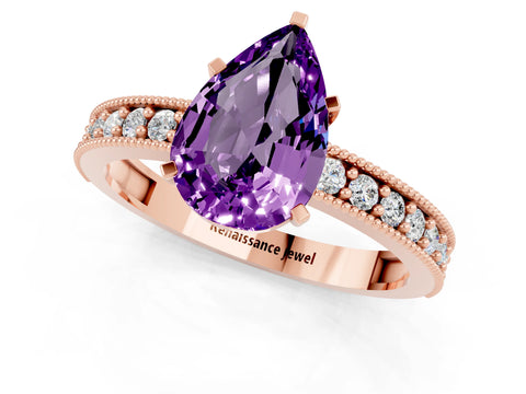 Rose gold Pear Cut Amethyst Milgrain Pavé Engagement Ring with Four-Prong Setting_1