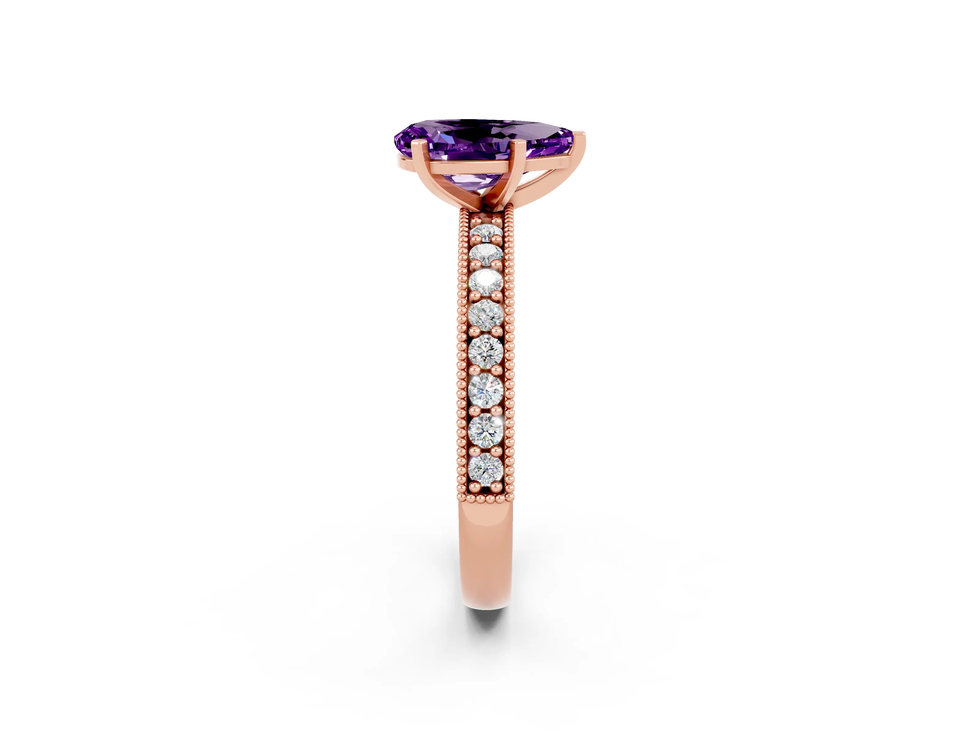 Rose gold Pear Cut Amethyst Milgrain Pavé Engagement Ring with Four-Prong Setting_2