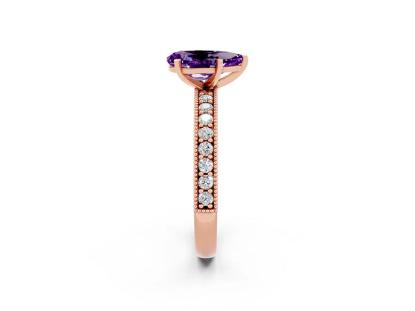 Rose gold Pear Cut Amethyst Milgrain Pavé Engagement Ring with Four-Prong Setting