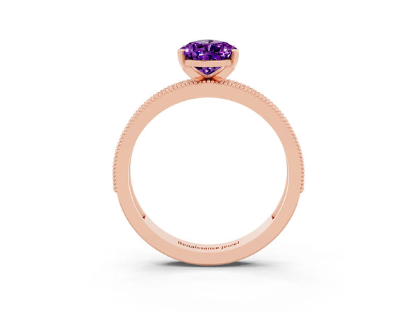 Rose gold Pear Cut Amethyst Milgrain Pavé Engagement Ring with Four-Prong Setting