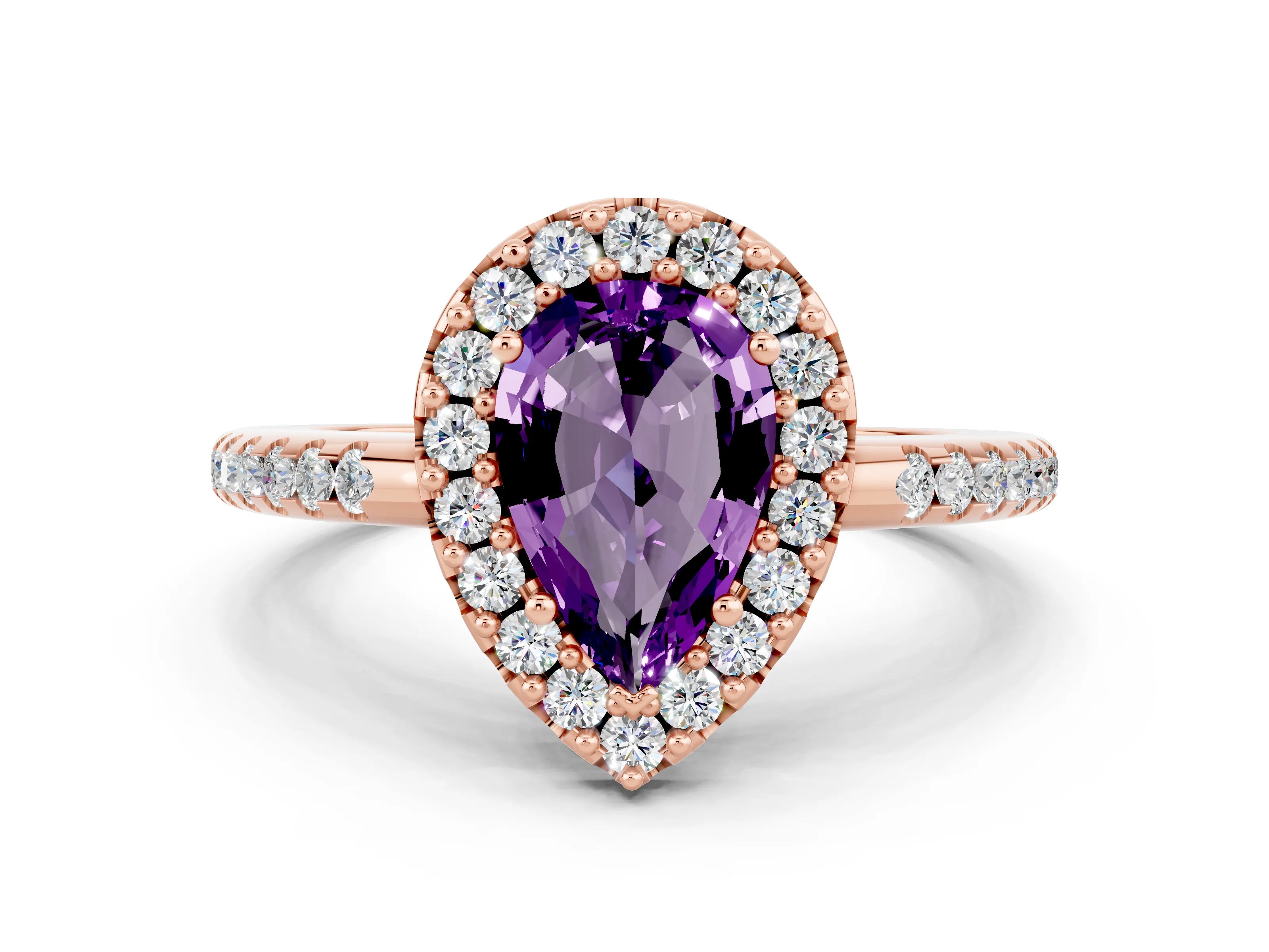 Rose gold Pear Cut Amethyst Pavé Halo Ring with Four-Prong Setting_12