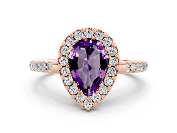 Rose gold Pear Cut Amethyst Pavé Halo Ring with Four-Prong Setting
