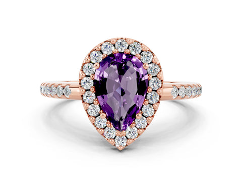 Rose gold Pear Cut Amethyst Pavé Halo Ring with Four-Prong Setting_12