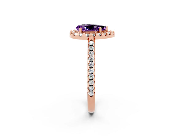 Rose gold Pear Cut Amethyst Pavé Halo Ring with Four-Prong Setting