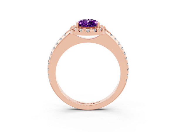 Rose gold Pear Cut Amethyst Pavé Halo Ring with Four-Prong Setting