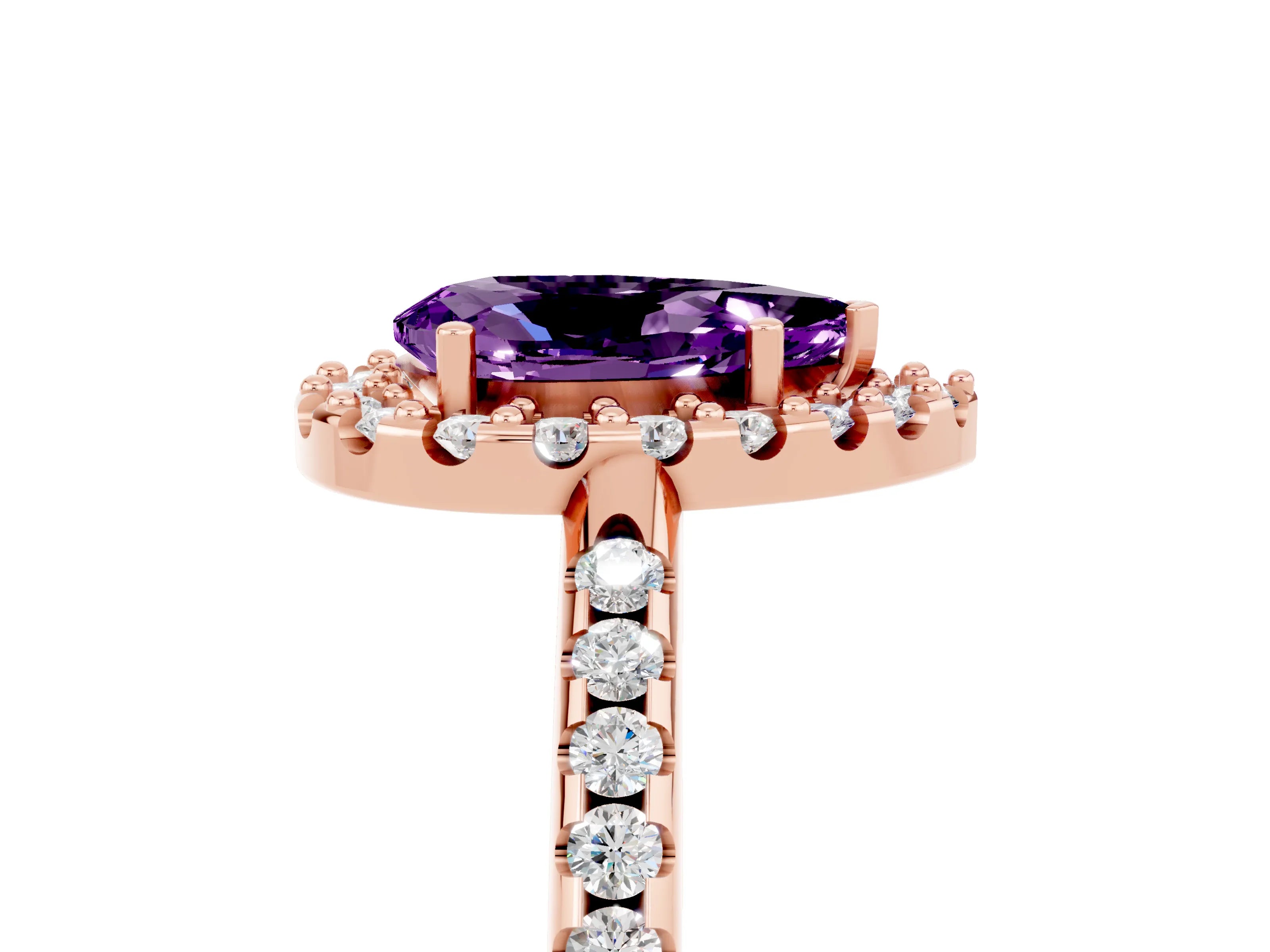 Rose gold Pear Cut Amethyst Pavé Halo Ring with Four-Prong Setting_17