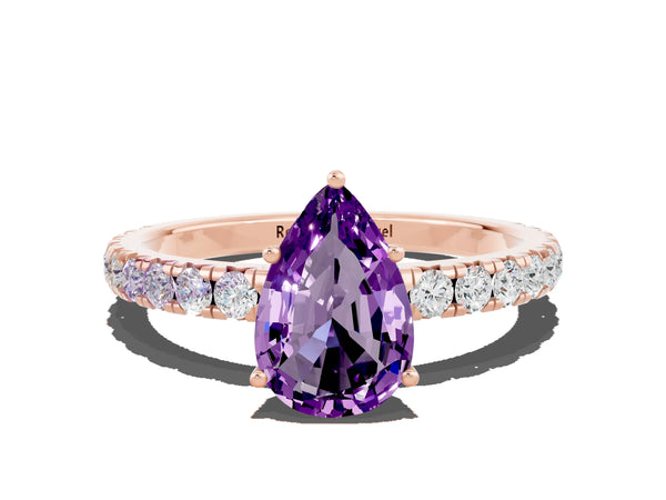 Rose gold Pear Cut Amethyst Pavé Solitaire Engagement Ring with Four-Prong Setting
