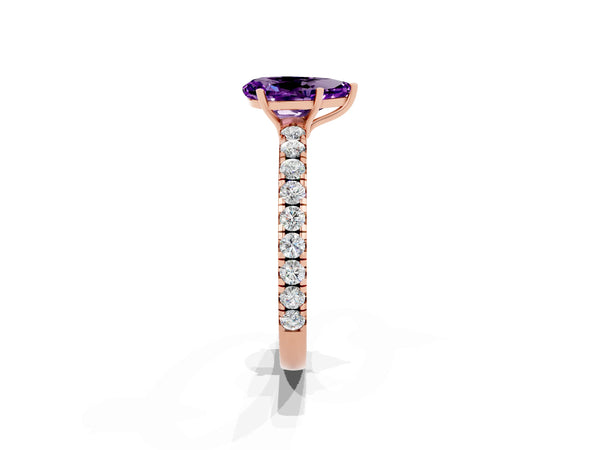 Rose gold Pear Cut Amethyst Pavé Solitaire Engagement Ring with Four-Prong Setting