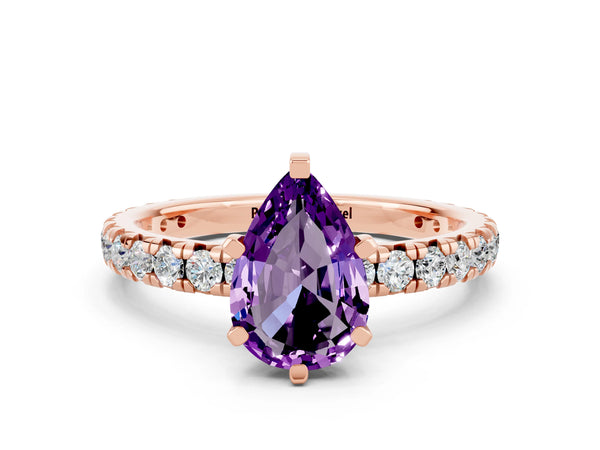 Rose gold Pear Cut Amethyst Pavé Solitaire Ring with Round Band and Prong Setting