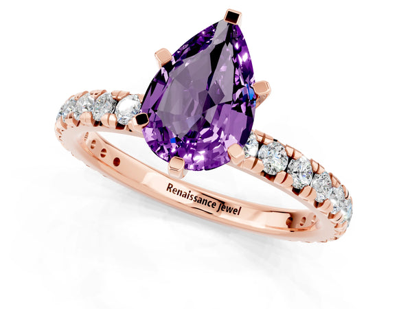 Rose gold Pear Cut Amethyst Pavé Solitaire Ring with Round Band and Prong Setting