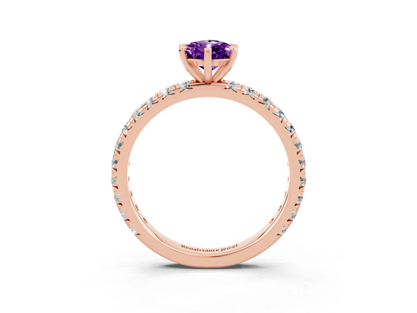 Rose gold Pear Cut Amethyst Pavé Solitaire Ring with Round Band and Prong Setting