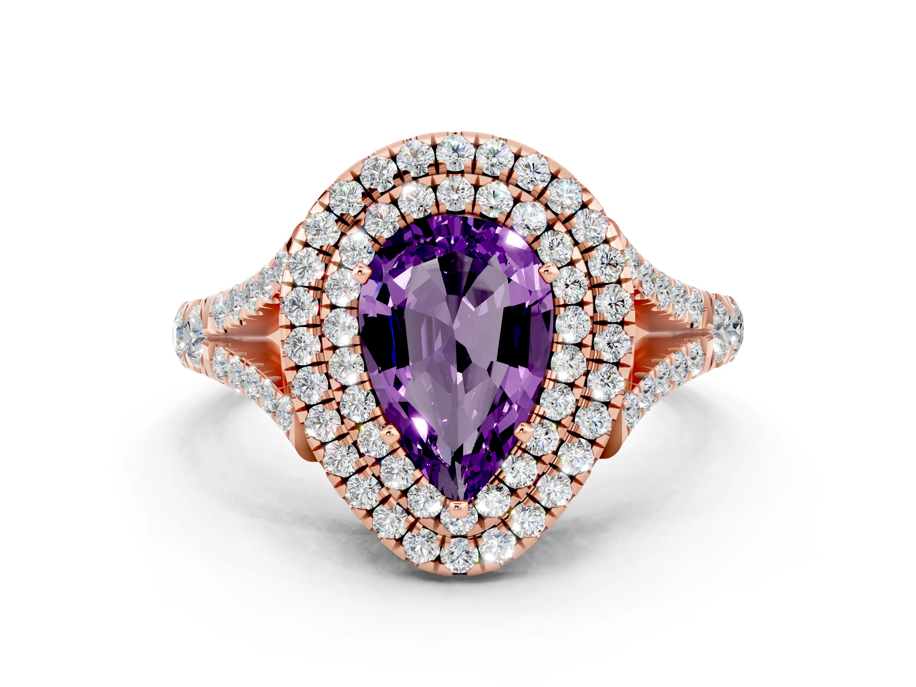 Rose gold Pear Cut Amethyst Pavé Split Shank Double Halo Engagement Ring