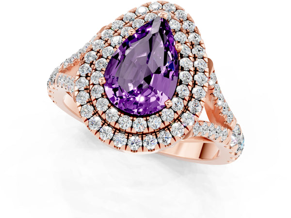 Rose gold Pear Cut Amethyst Pavé Split Shank Double Halo Engagement Ring