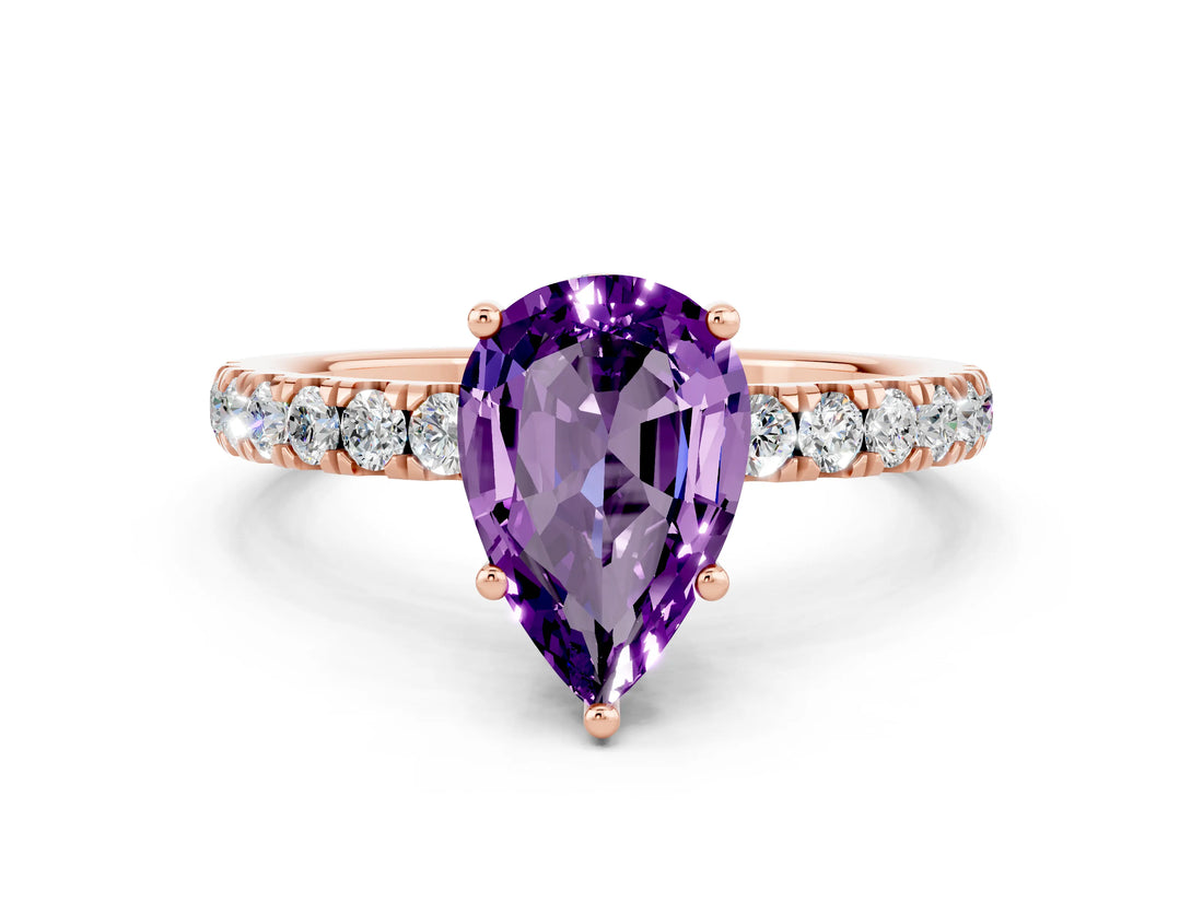 Rose gold Pear Cut Amethyst Pave Band Solitaire Ring with Four-Prong Setting_24