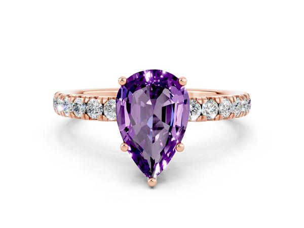 Rose gold Pear Cut Amethyst Pave Band Solitaire Ring with Round  and Prong Setting