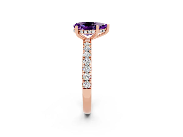 Rose gold Pear Cut Amethyst Pave Band Solitaire Ring with Round  and Prong Setting