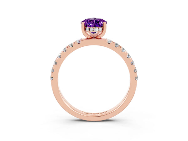 Rose gold Pear Cut Amethyst Pave Band Solitaire Ring with Round  and Prong Setting
