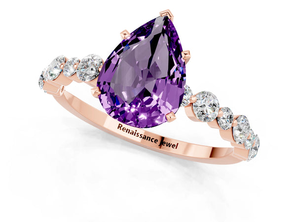 Rose gold Pear Cut Amethyst Prong Set Engagement Ring with Pavé Band