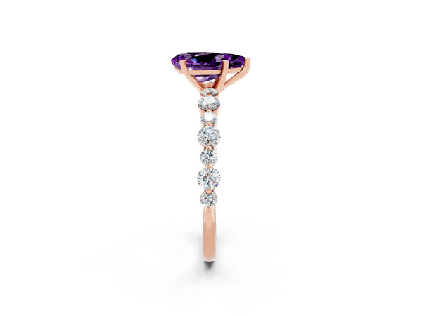 Rose gold Pear Cut Amethyst Prong Set Engagement Ring with Pavé Band