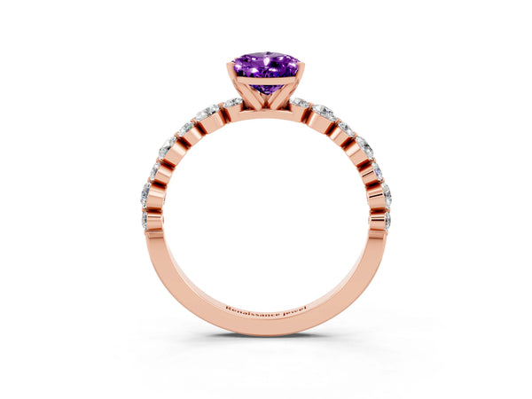 Rose gold Pear Cut Amethyst Prong Set Engagement Ring with Pavé Band