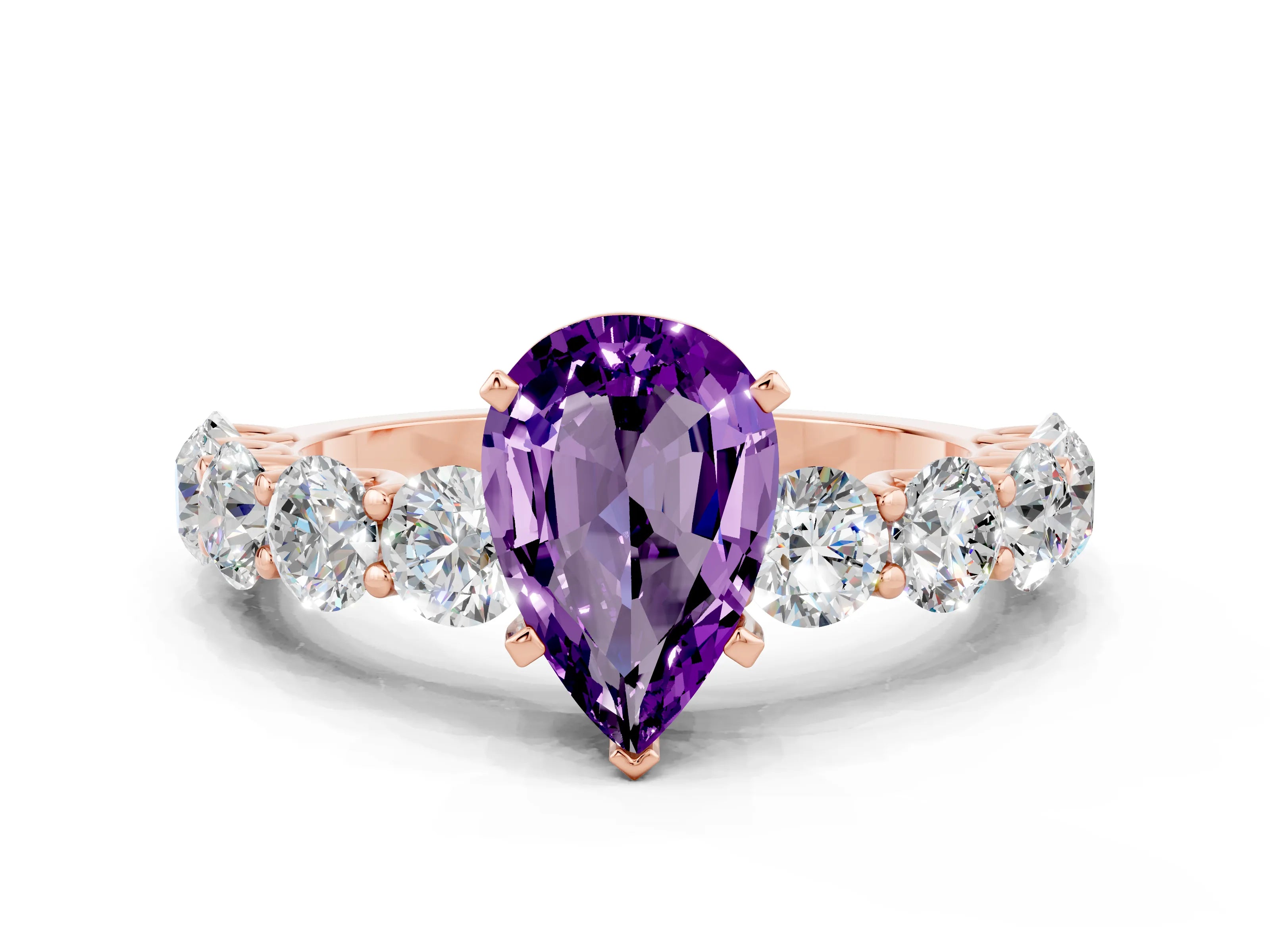 Rose gold Pear Cut Amethyst Prong Setting with Side Stones on a Pave Band