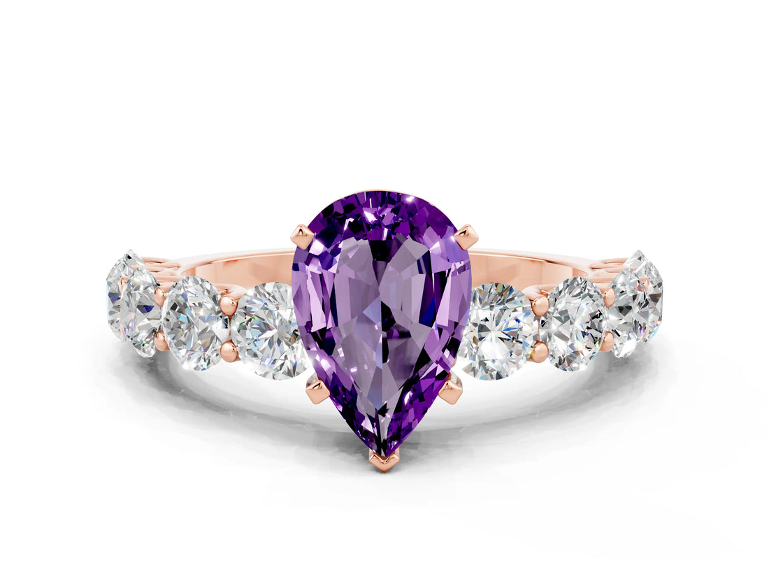 Rose gold Pear Cut Amethyst Prong Setting with Side Stones on a Pave Band