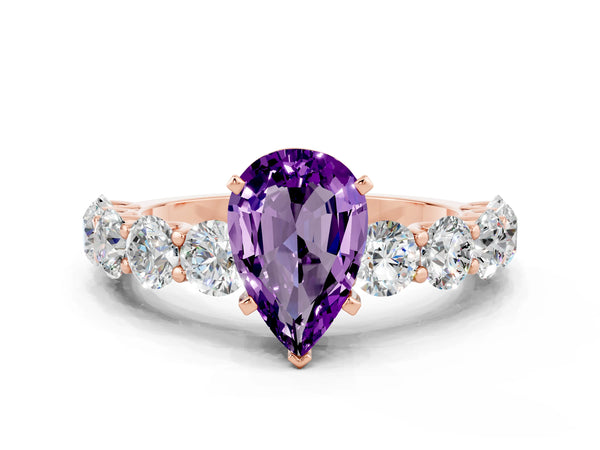 Rose gold Pear Cut Amethyst Prong Setting with Side Stones on a Pave Band