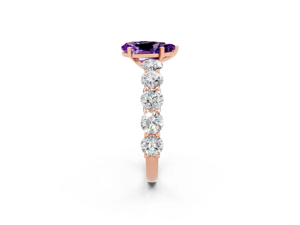 Rose gold Pear Cut Amethyst Prong Setting with Side Stones on a Pave Band