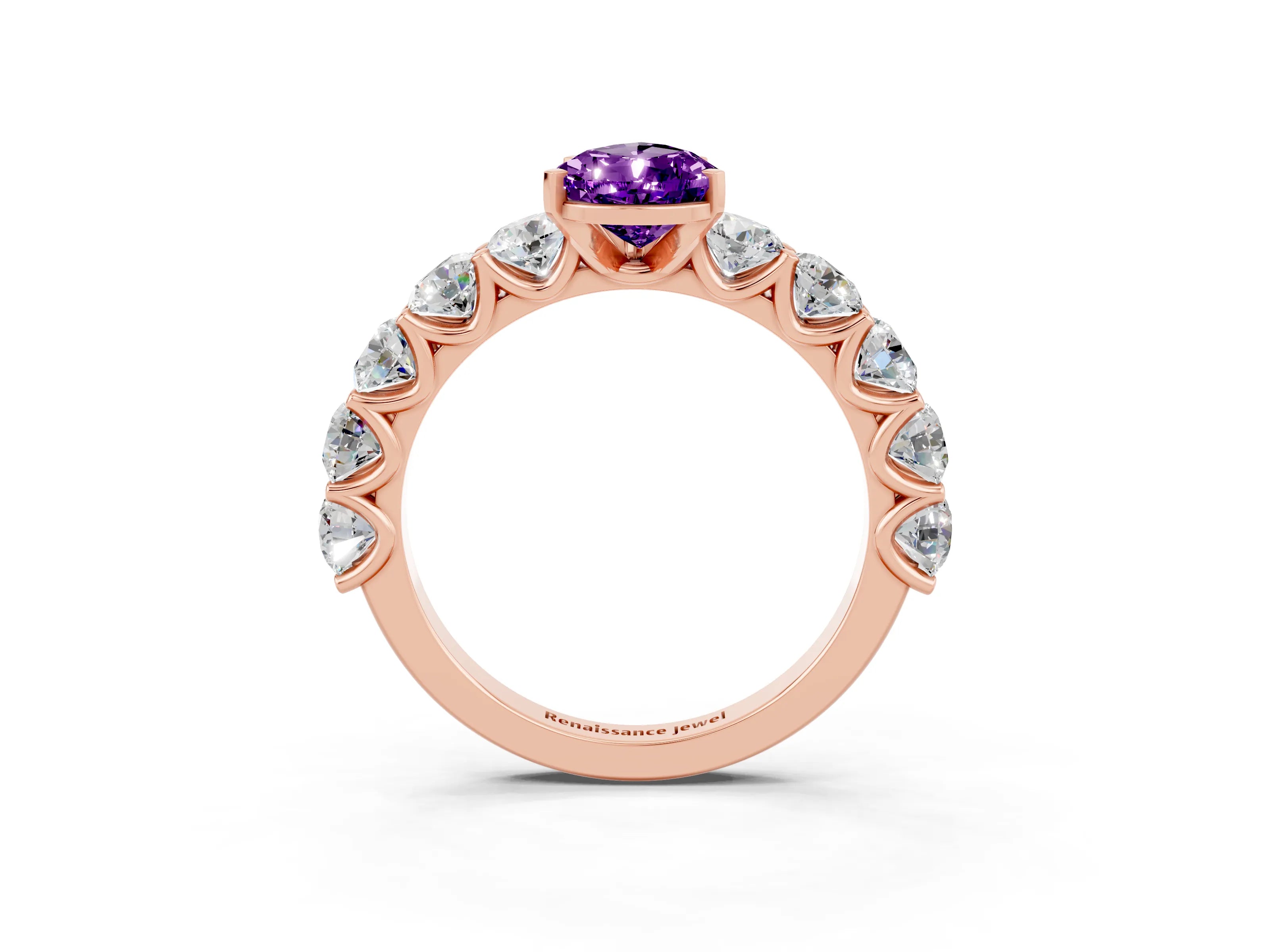 Rose gold Pear Cut Amethyst Prong Setting with Side Stones on a Pave Band_3