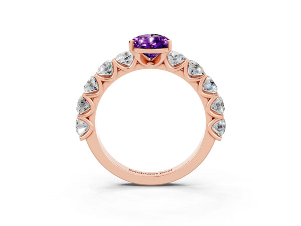 Rose gold Pear Cut Amethyst Prong Setting with Side Stones on a Pave Band