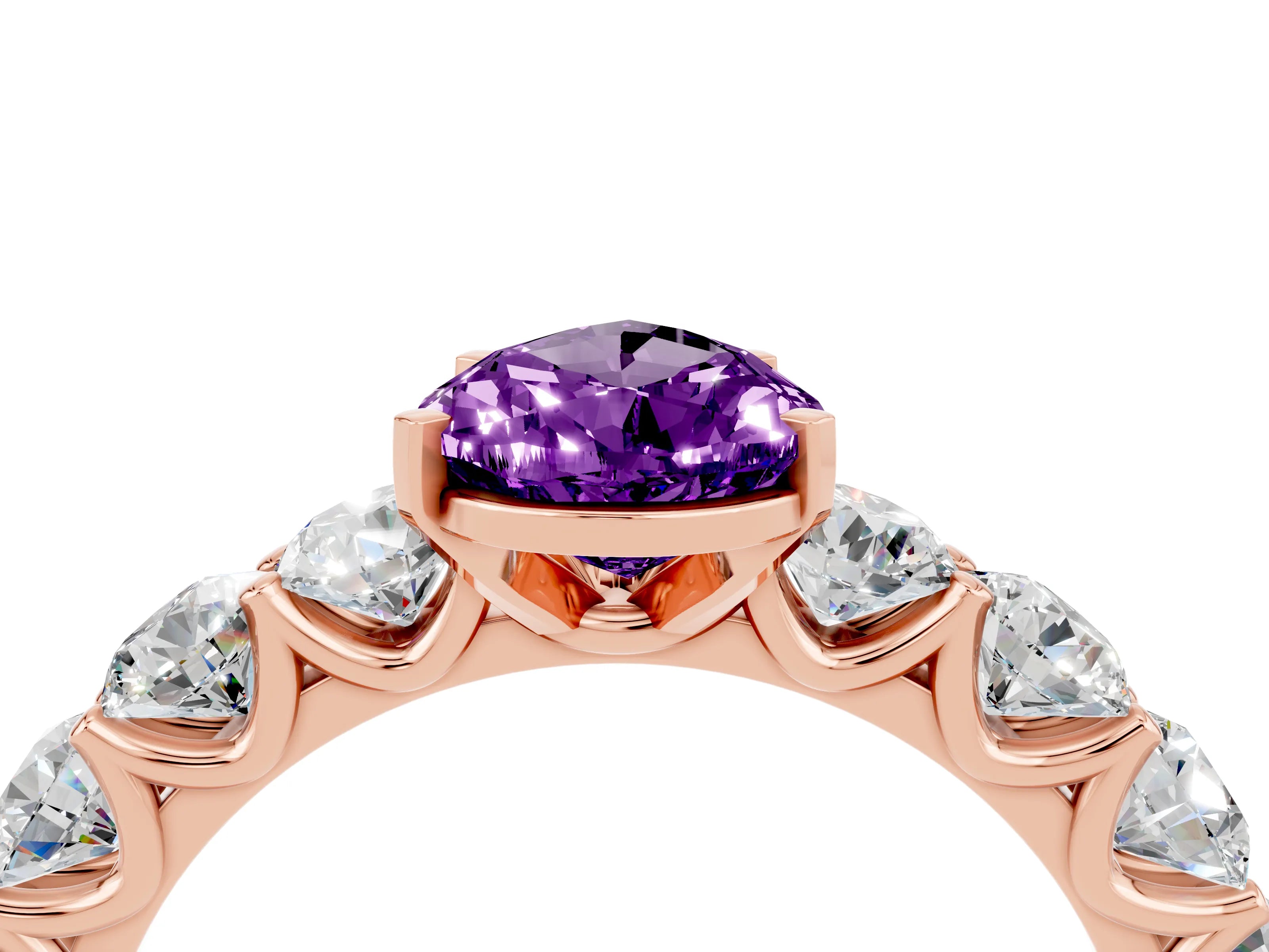 Rose gold Pear Cut Amethyst Prong Setting with Side Stones on a Pave Band_4