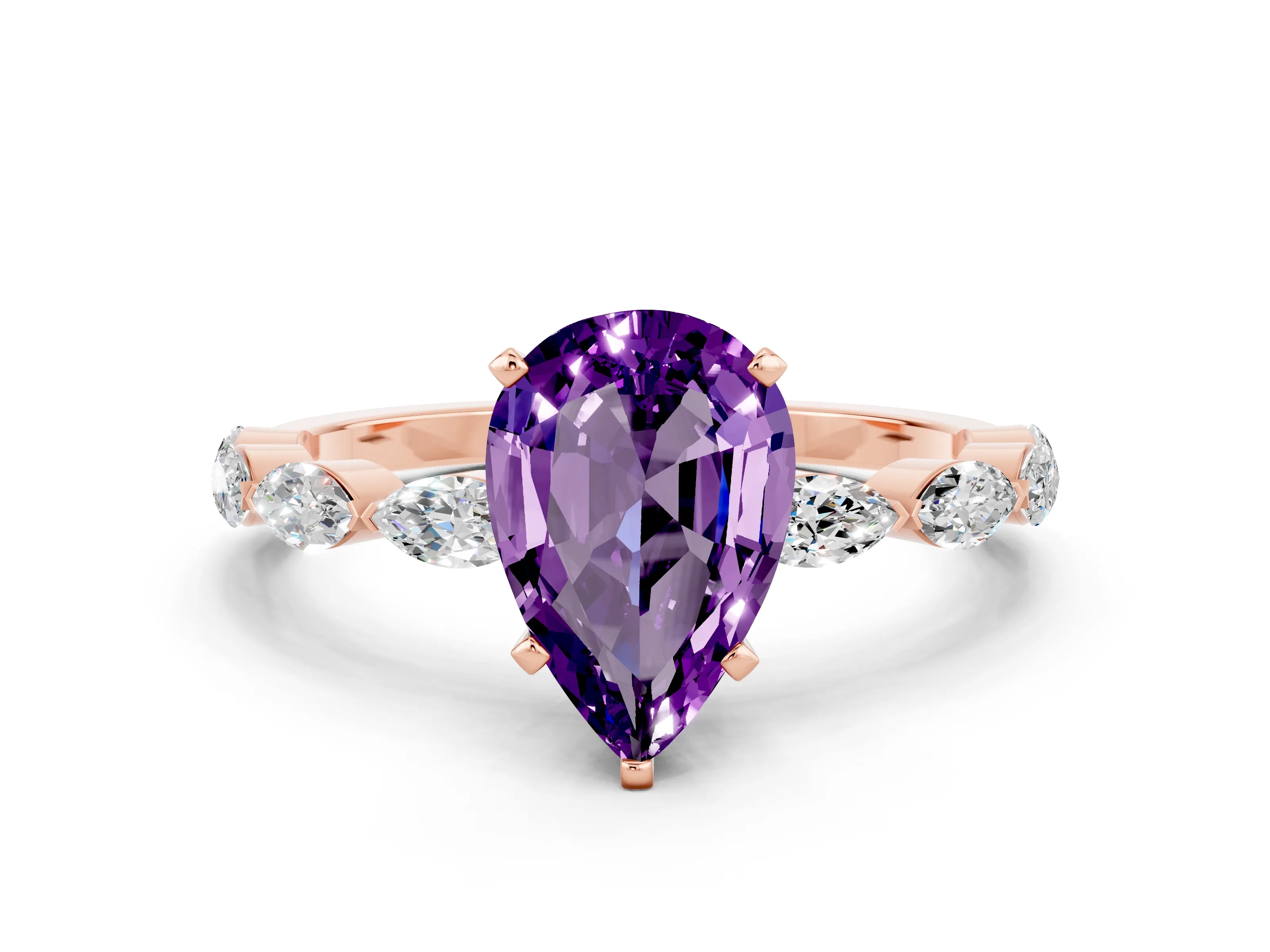 Rose gold Pear Cut Amethyst Ring with Marquise Side Stones and Prong Setting