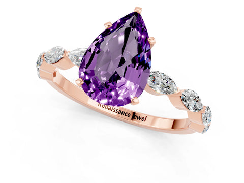 Rose gold Pear Cut Amethyst Ring with Marquise Side Stones and Prong Setting_1