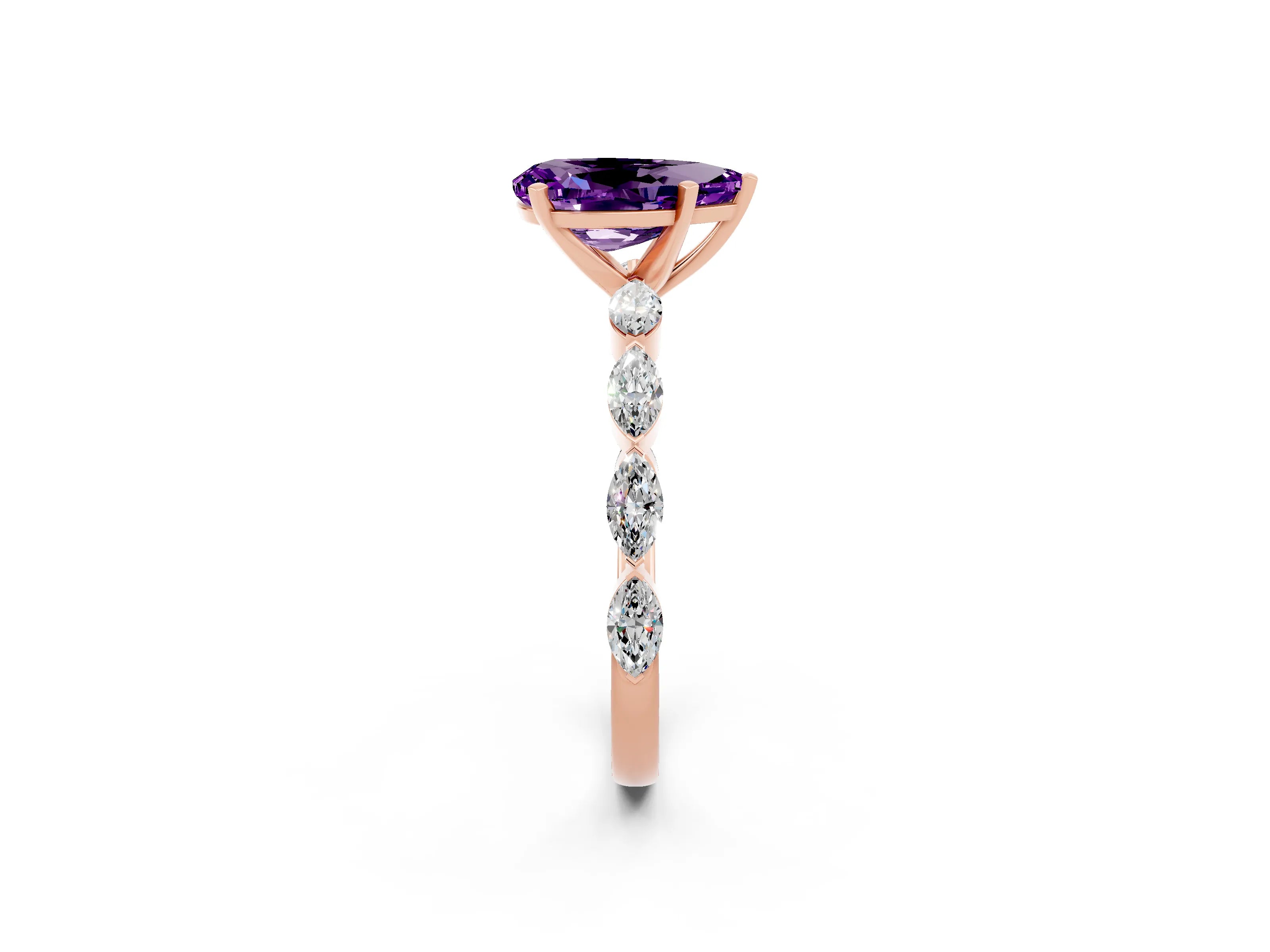 Rose gold Pear Cut Amethyst Ring with Marquise Side Stones and Prong Setting_2