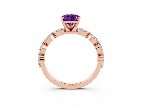 Rose gold Pear Cut Amethyst Ring with Marquise Side Stones and Prong Setting